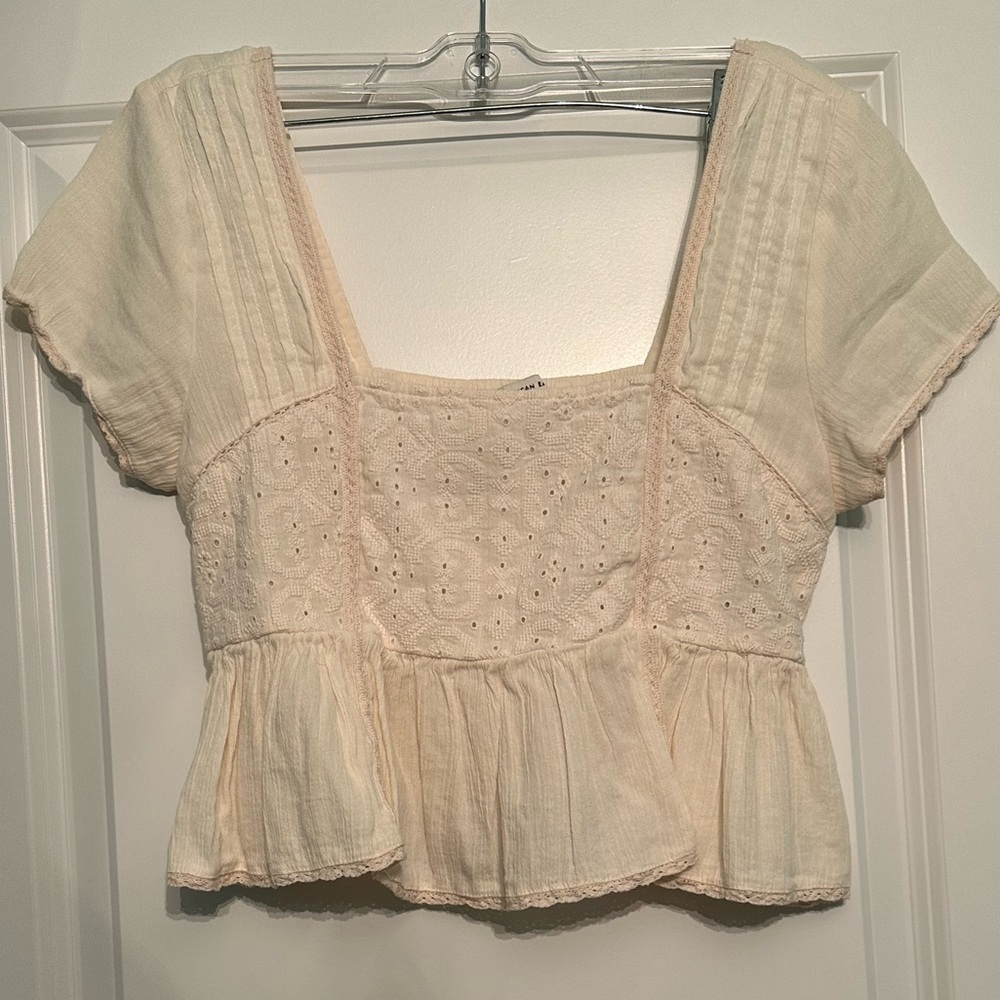 American Eagle Outfitters Cream Smocked Peplum Blouse Size XS